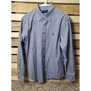 Polo Ralph Lauren Button Down Shirt Men's Medium Blue Logo Check Long Sleeve